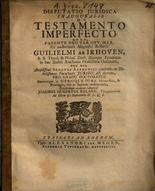Disputatio Iuridica Inauguralis De Testamento Imperfecto