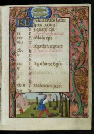 Kalendar: Februar; Monatsbild: Bäumefällen; Tierkreiszeichen Fische; Trompe l'oeil-Rahmen mit Rankenästen und Vögeln