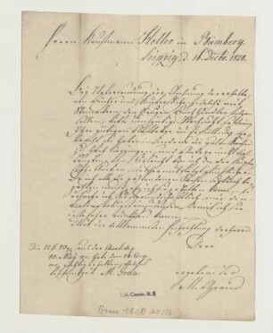 Brief von Johann Gottlob Wilhelm Grau an Joseph Heller