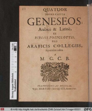 Quatuor Prima Capita Geneseos, Arabice & Latine : Ex Biblis Polyglottis Pro Arabicis Collegiis separatim edita