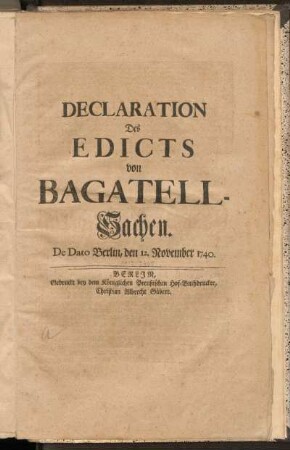 Declaration Des Edicts von Bagatell- Sachen