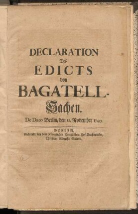 Declaration Des Edicts von Bagatell- Sachen