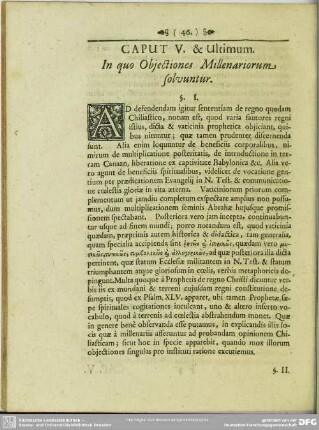 Caput V. & Ultimum. In quo Objectiones Millenariorum solvuntur