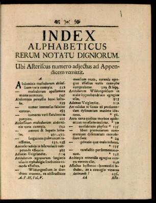 Index Alphabeticus Rerum Notatu Digniorum