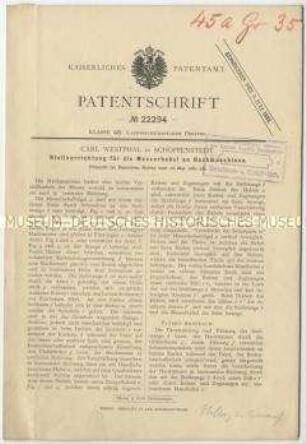 Patentschrift einer Stellvorrichtung für die Messerhebel an Hackmaschinen, Patent-Nr. 22294