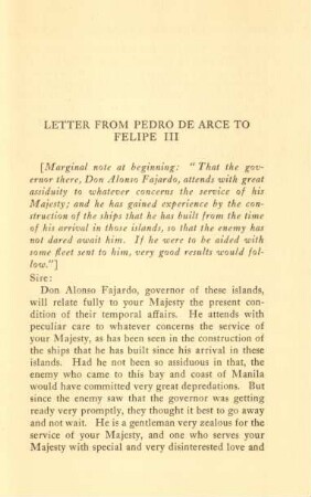 Letter from Pedro de Arce to Felipe III