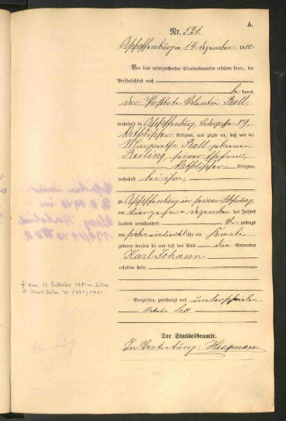 Standesamtsbuch der Stadt Aschaffenburg: Geburten 365/1900 - 184/1901