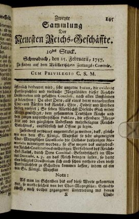 10. Stuck. Schwabach, den 25. Februarii, 1757.