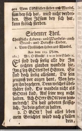 Siebenter Theil. Christliche Lebens- und Wandels- auch Stand- und Beruffs-Lieder.