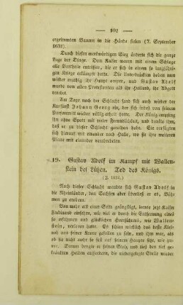 19. Gustav Adolf im Kampf mit Wallenstein bei Lützen. Tod des Königs. (J. 1632.)
