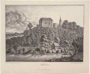 Das Schloss Wolkenburg (Limbach-Oberfrohna-Wolkenburg) südwestlich von Penig über der Zwickauer Mulde, Ansicht von Südosten, Reihe