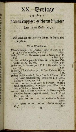 XX. Beylage zu den Neuen Leipziger gelehrten Anzeigen - Zum 15ten Octbr. 1797.