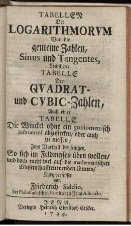 Tabellen der Logarithmorum.