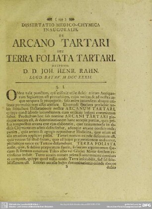 Dissertatio Medico-Chymica Inauguralis, De Arcano Tartari Seu Terra Foliata Tartari