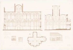 Liebfrauenkirche, Trier. Limburger Dom. Kloster, Maulbronn: Längschnitte Trier und Limburg, Grundriss, Details Trier, Ansicht Maulbronn (aus: Gotische Baukunst in Deutschland, hrsg. v. Zeichenaussch. d. Stud. d. TH Berlin, 1875)