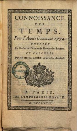 Connoissance des temps, pour l'année commune 1774