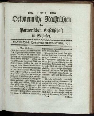 XLVIII. Stück. Sonnabends den 28 November. 1778.