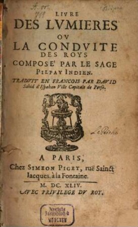Livre des lumières ou la conduite des roys