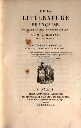De La litterature Française, Pendant Le Dix-Huitième Siècle