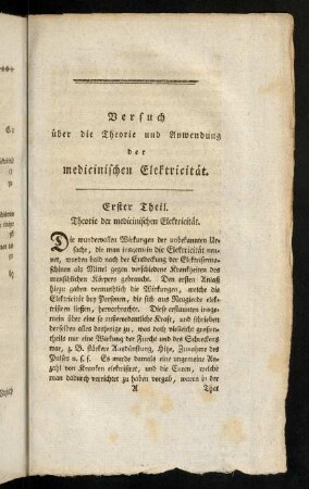 1-14, Versuch über die Theorie und Anwendung der medicinischen Elektricität. Erster Theil. Theorie der medicinischen Elektricität.