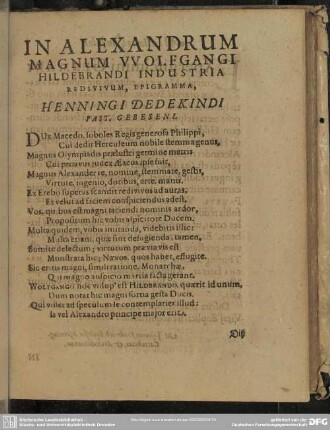In Alexandrum Magnum Wolfgangi Hildebrandi Industria Redivium, Epigramma Henningi Dedekindi Past. Gebeseni