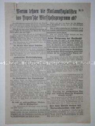 Propagandaflugblatt der NSDAP gegen die Wirtschaftspolitik der Papen-Regierung
