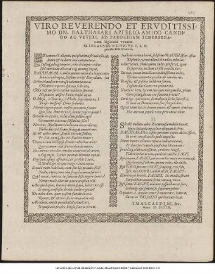 Viro Reverendo Et Eruditissimo Dn. Balthasari Apfelio, Amico Candido Ac Veteri, Ad Parochiam Scherbedam legitimè vocato, M. Johannes Weitzius, P. L. C. gratulor stilo & animo ... Smalcaldiae, &c. Anno M. DCIIII.