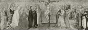 Christus am Kreuz, von Maria und zahlreichen Heiligen verehrt