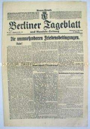 "Berliner Tageblatt" zu den Friedensbedingungen von Versailles