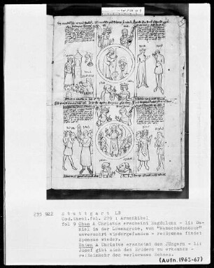 Armenbibel — Bildseite mit zwei Gruppen von typologischen Szenen, Folio 9recto
