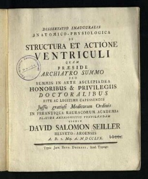 Dissertatio Inauguralis Anatomico-Physiologica De Structura Et Actione Ventriculi