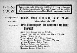Zensurkarte (Titelseite) der Film-Prüfstelle Berlin, 30.9.1931