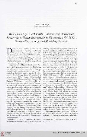 73: Wokół wystawy "Chełmoński, Chmielowski, Witkiewicz. Pracownia w Hotelu Europejskim w Warszawie 1874-1883" : odpowiedź na recenzję pani Magdaleny Jarzewicz