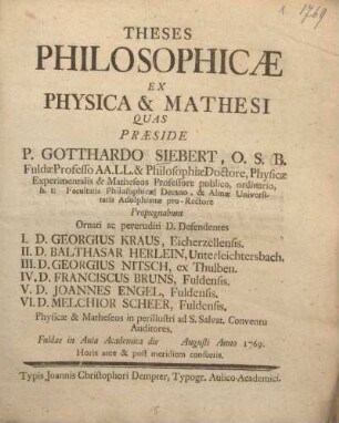 Theses philosophicae ex physica & mathesi