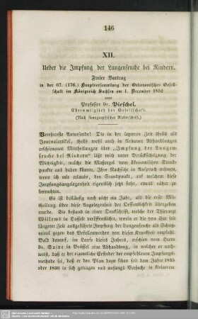 XII. Ueber die Impfung der Lungenseuche bei Rindern. : Freier Vortrag in der 67. (176.) Hauptversammlung der Oekonomischen Gesellschaft im Königreich Sachsen am 1. December 1852