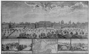 Hanau-Wilhelmsbad, Kuranlage, Prospekt von Süden; dazu unten Lageplan und vier Parkansichten