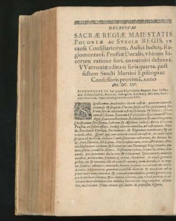 Decretum Sacrae Regiae Maiestatis Poloniae Ac Sveciae Regis, in causa Consiliariorum ...