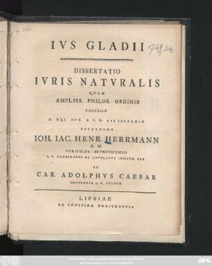 Ivs Gladii : Dissertatio Ivris Natvralis