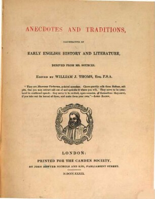 Anecdotes and traditions, illustrative of early english history and literature derived from Ms. sources