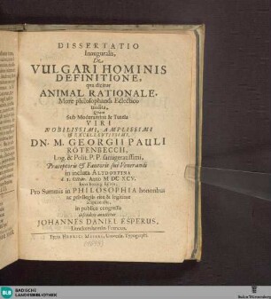 De vulgari hominis definitione, qua dicitur animal rationale : more philosophandi eclectico tradita