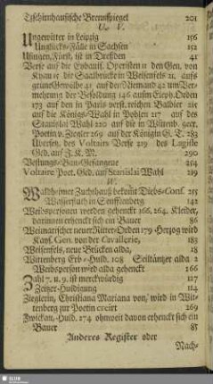 Anderes Register oder Nachricht, was in denen Curios. Saxon. 1733. in allen 12. Monaten vor Denckwürdigkeiten geschrieben, nach Ordnung derer Materien