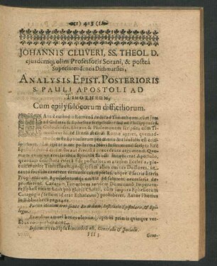 Johannis Cluveri ... Analysis Epist. Poserioris S. Pauli Apostoli Ad Timotheum, Cum epilysi locorum difficiliorum.