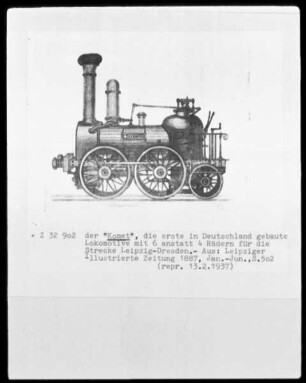 der "Komet", die erste in Deutschland gebaute Lokomotive mit 6 anstatt 4 Rädern für die Strecke Leipzig-Dresden