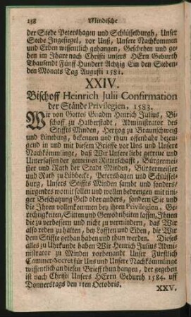 XXIV. Bischoff Heinrich Julii Confirmation der Stände Privilegien, 1583.