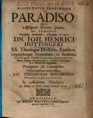 Dissertatio Theologica De Paradiso
