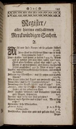 Register/ aller hierinn enthaltenen Merckwürdigen Sachen.