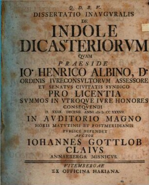 Dissertatio Inavgvralis De Indole Dicasteriorvm