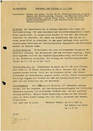 Sitzungsprotokolle: Arbeitsgruppe Ausländer im Verein SO 36, 1986
