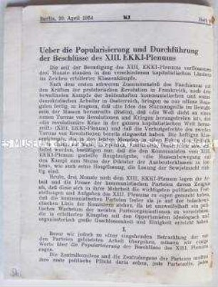 Kommunistische Tarnschrift zu den Beschlüssen des Plenums des Exekutivkomitees der Komintern (ohne Einband)