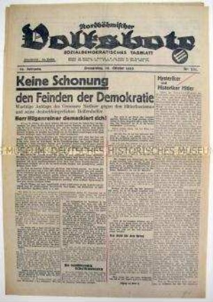 Sozialdemokratische Tageszeitung "Nordböhmischer Volksbote" u.a. zur Auseinandersetzung mit den sudetendeutschen Nazis